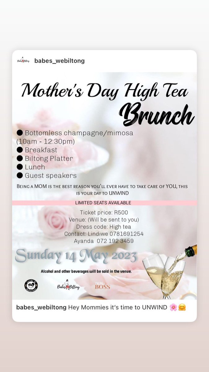 ayanda_mahlaba's tweet photo. Hey Mommies it’s time to UNWIND 🌸🤗
Spend your Mother’s Day with us 🤗
Kindly join us on Mother’s Day for a bottomless champagne breakfast 🧇 🍳 🥞 🥂
14 May 2023 at 10am 🕙
We look forward to seeing you mommies 💃🏾
#mothersdaybrunch #highteaevent
@babes_webiltong https://t.co/ZkjZ2eM5KY