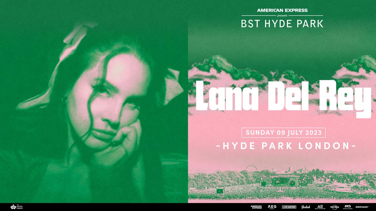 BSTHydePark's tweet photo. Your final headliner for American Express presents BST Hyde Park is here. The enchanting Lana Del Rey will close our 2023 series on Sun 9 July, with special guests TBA. ✨

🌳 Sign up to the BST presale at https://t.co/jLFLWYTr00

🌳 Tickets go on general sale Thurs 27 April 10am https://t.co/AyW4YHkbp3