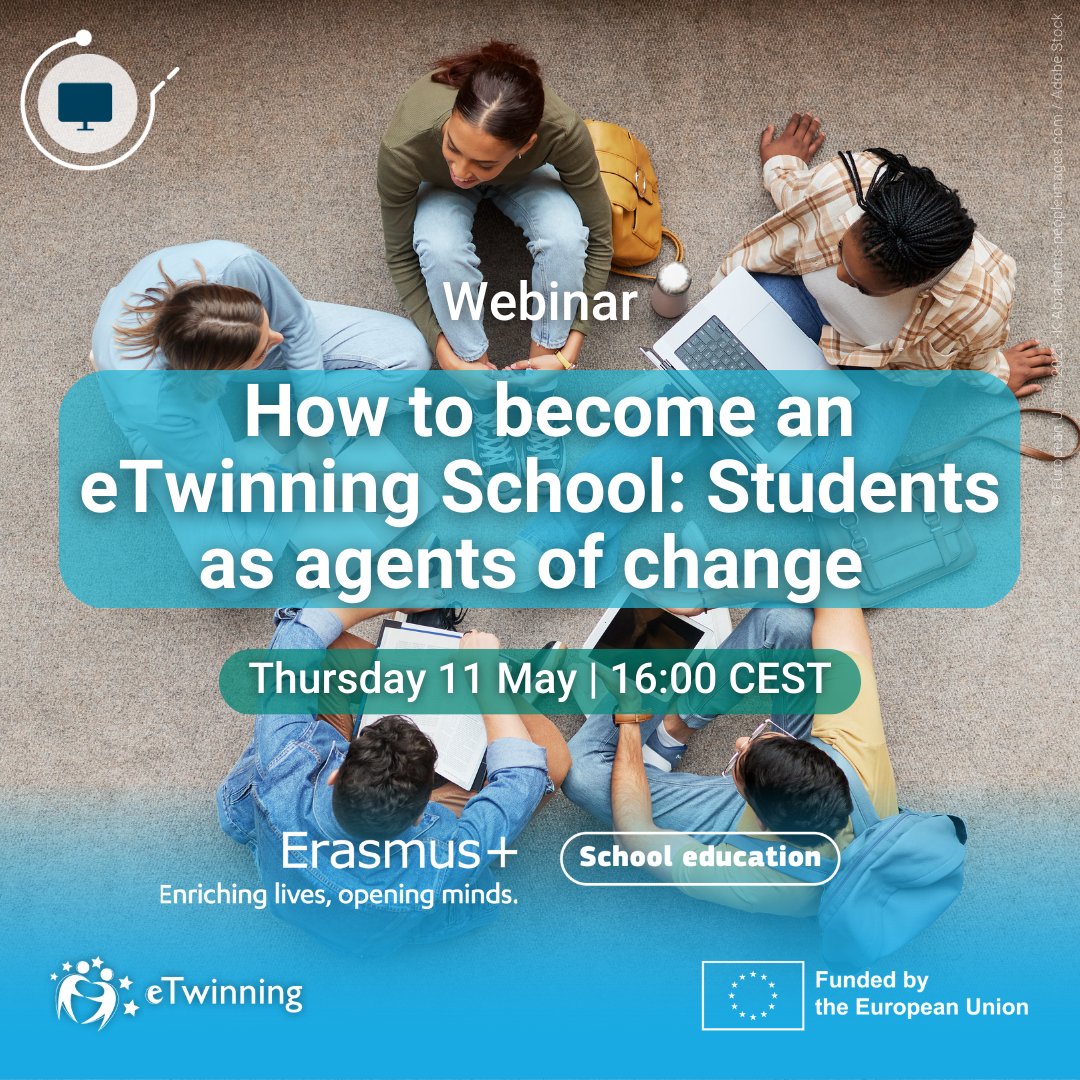 In the upcoming #eTwinning webinar, the focus will be on students as agents of change in the school environment.

🤩Interested in participating?

📅On 11 May at 16:00 CEST 👇
🔗 bit.ly/3ogUI8i