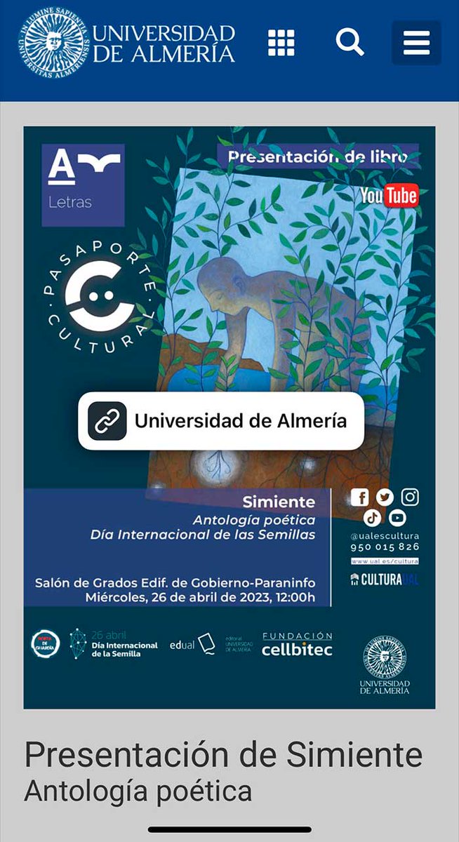 Khalatea's tweet photo. 👉Día 26 de abril. #Cellbitec presenta el #libro ‘Simiente’📚🌱
https://t.co/qfPFLTfngK
🌱@ualmeria
😍Una antología poética que 43 poetas nacionales han dedicado a la #semilla https://t.co/JYdMCJBV68