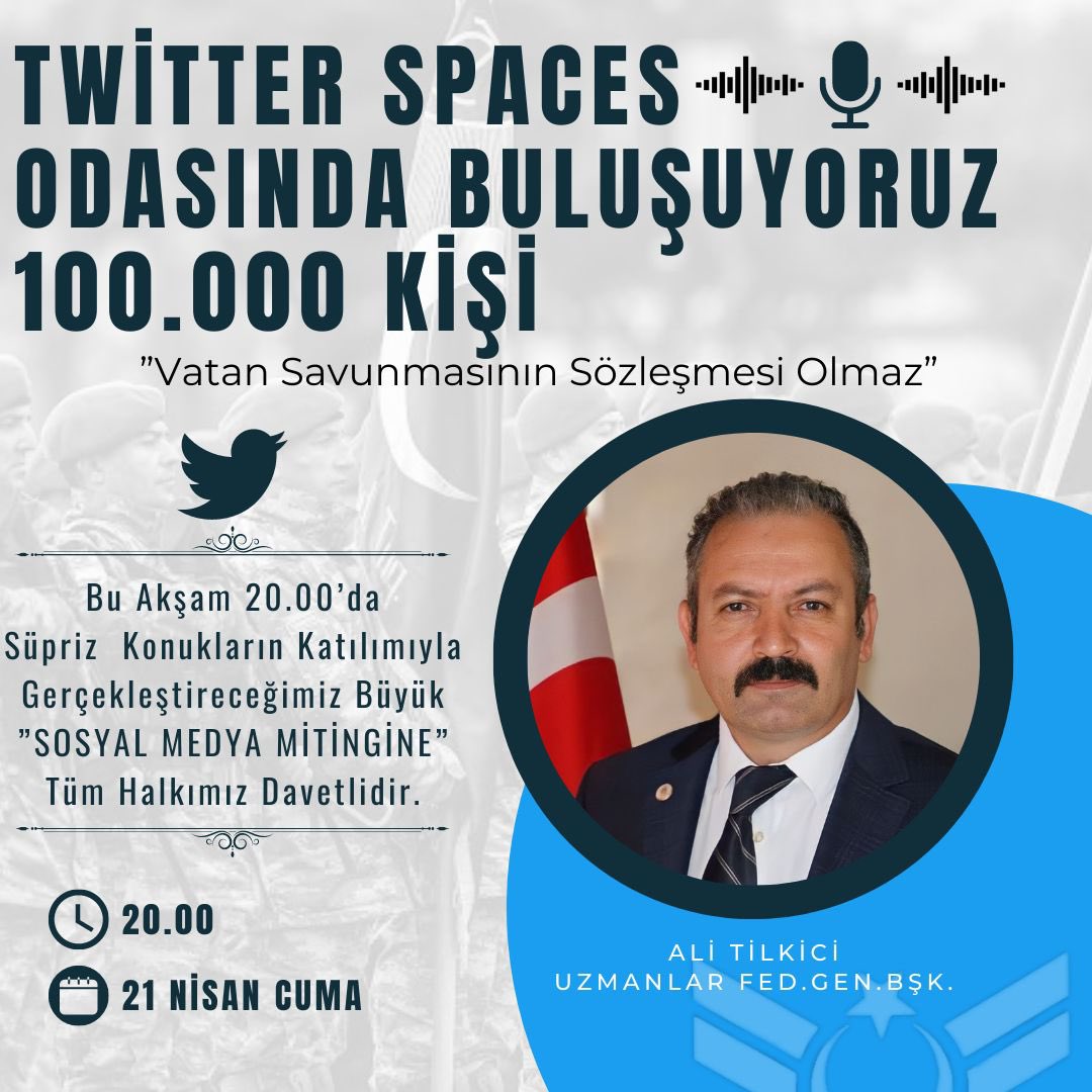 Bugün Twitter space odamızda 100 bin kişi olacağız inşaallah
Vatan Savunmasının sözleşmesi Olmaz!
#UzmanÇavuş
