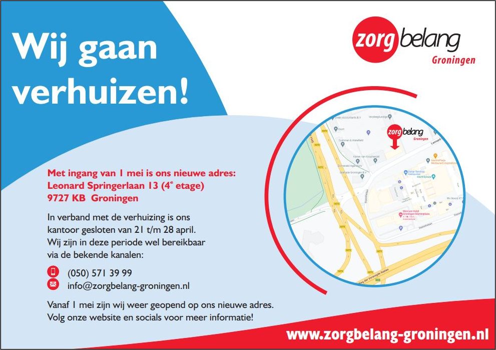 𝗩𝗲𝗿𝗵𝘂𝗶𝘀𝗻𝗶𝗲𝘂𝘄𝘀! 📦🚚
In verband met onze #verhuizing naar de Leonard Springerlaan 13  in Groningen is ons kantoor gesloten t/m 28 april. Wel zijn we bereikbaar via:
☎️ 050 571 39 99
📧 info@zorgbelang-groningen.nl
Vanaf 1 mei zijn we (op afspraak) weer geopend.