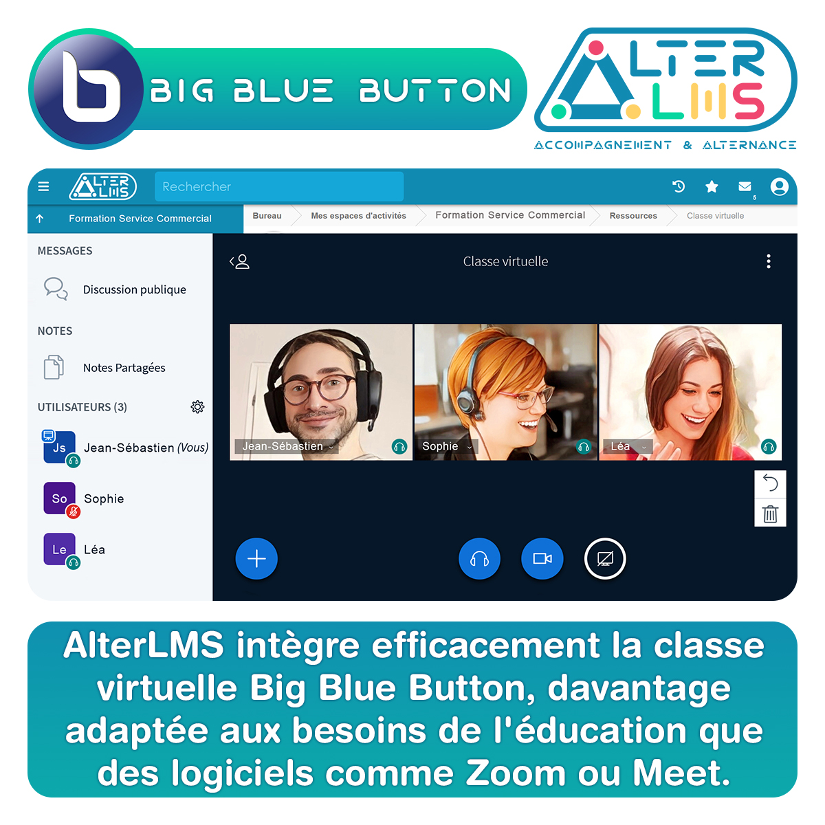 AlterLMS intégre Big Blue Button, une alternative adaptée aux besoins de l'éducation pour des classes virtuelles efficaces et interactives. Demandez une démo gratuite dès maintenant ! #formation #alternance #apprentissage #pedagogie #classevirtuelle @bigbluebutton #bigbluebutton