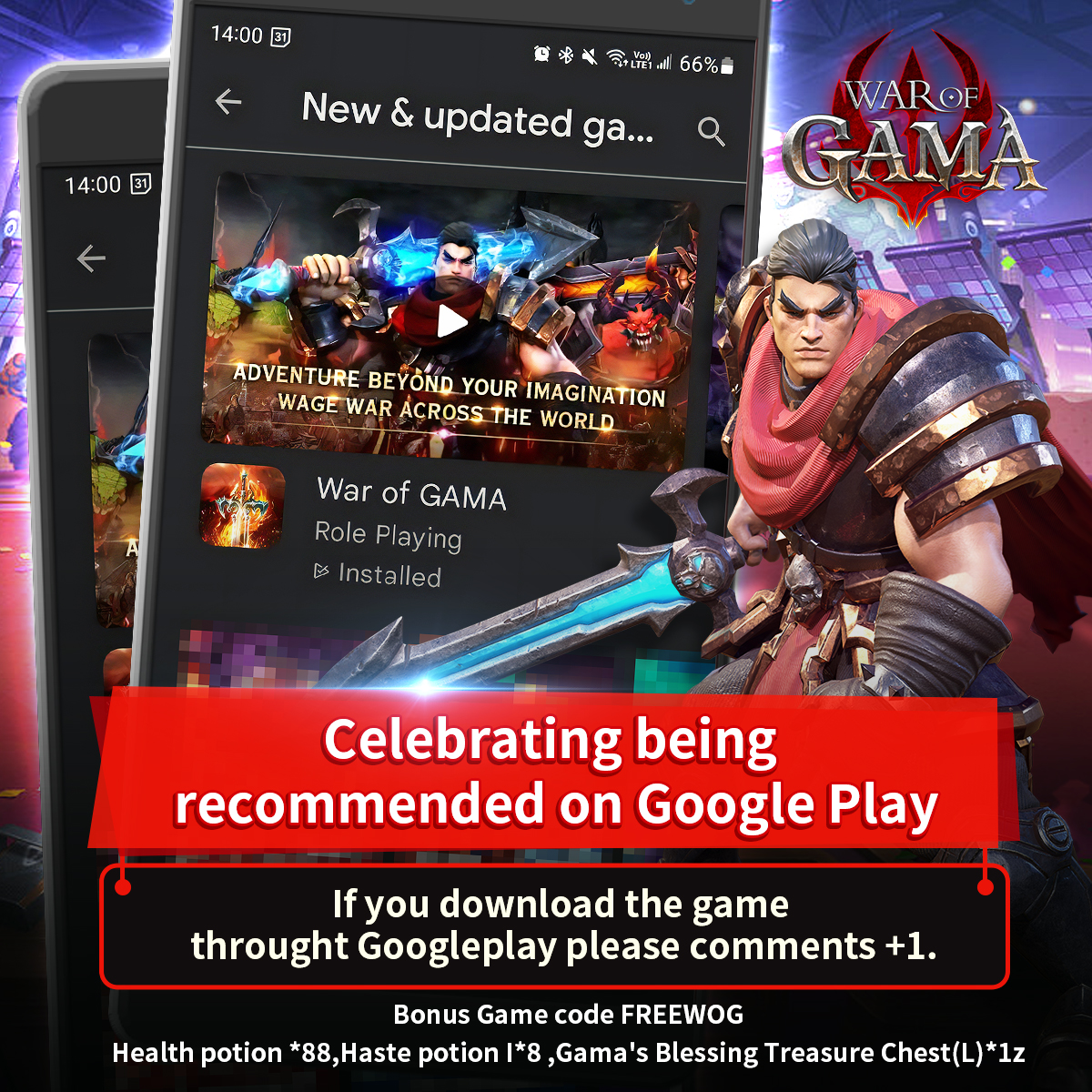 WarofGAMA's tweet photo. 🎉 War of GAMA is now recommended on Google Play!

To celebrate, we're giving away "FREEWOG" serial codes for Health Potions*88, Haste Potion I*8, Gama's Blessing Treasure Chest (L)*1

Download now 👉 https://t.co/PTaEhBj1jh

#WarofGama #MMORPG #SerialCode #GooglePlayRecommended https://t.co/iZgCzAnNZI