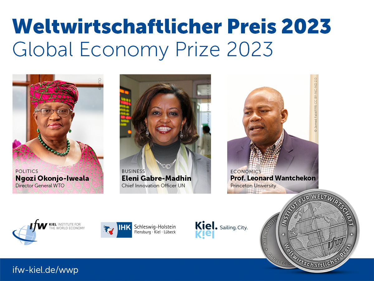 The winners of the Global Economy Prize 2023 have been announced. They will be honored during the #KielerWoche in June. This year, #Africa is the focus of the award. Congratulations👏to <a href="/NOIweala/">Ngozi Okonjo-Iweala</a> <a href="/EleniGabre/">Eleni Gabre-Madhin</a> <a href="/lwantchekon/">Leonard Wantchekon</a> (@WTO <a href="/UN/">United Nations</a> <a href="/Princeton/">Princeton University</a>). More👉ifw-kiel.de/publications/m…
