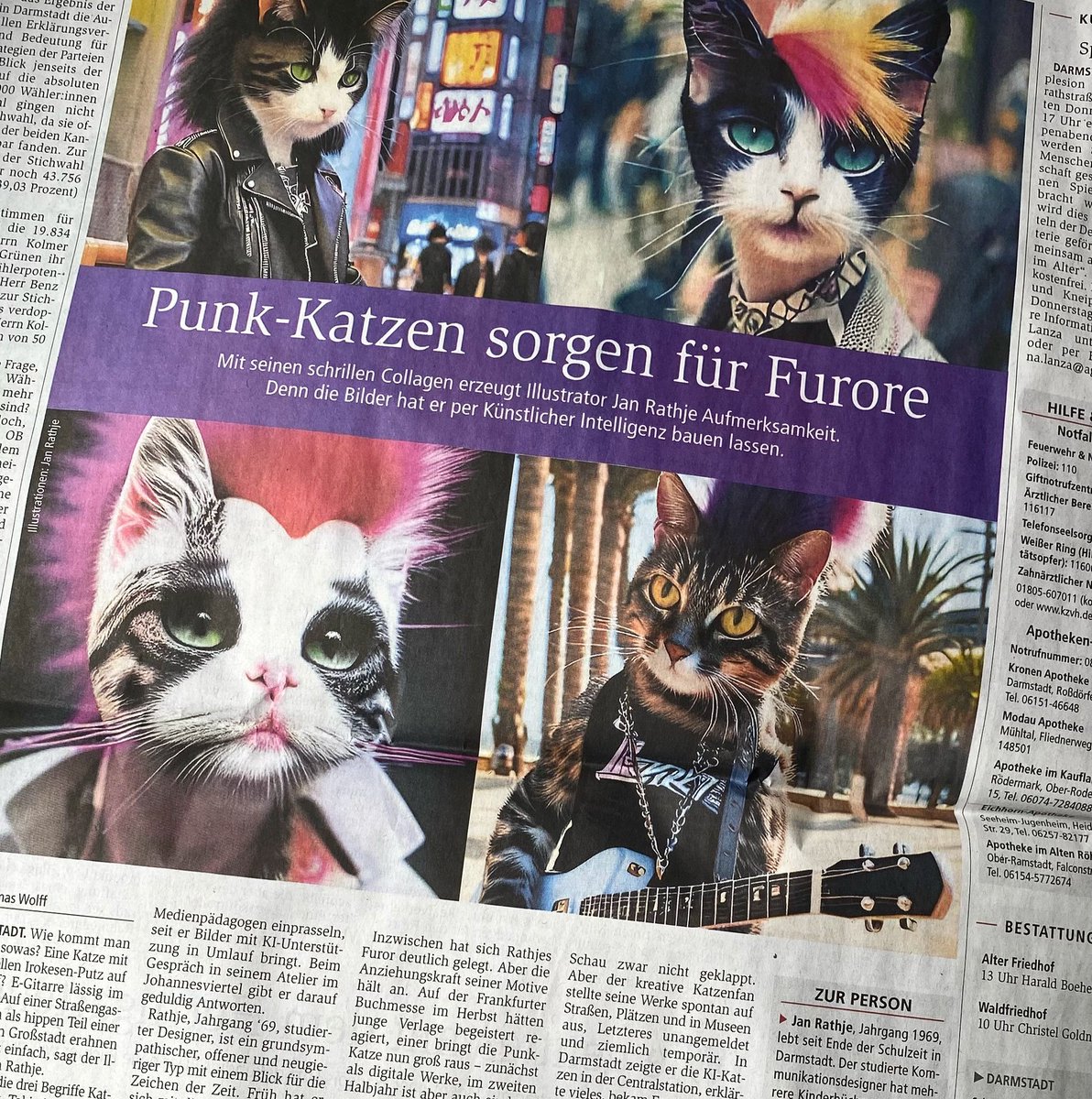 CrazyCatsTokyo's tweet photo. In the German Newspaper „Darmstädter Echo“:
#ki #aiart #creatokia #cats #punkcats #darmstadt #darmstadtcity #darmstadtlove #darmstadtinside #darmstadtistschön #darmstadtnews #darmstadtbilder #igdarmstadt #darmstadtlove #südhessen #darmstädterecho #echoonline #echoonlinesüdhessen https://t.co/3StP0T4H5d