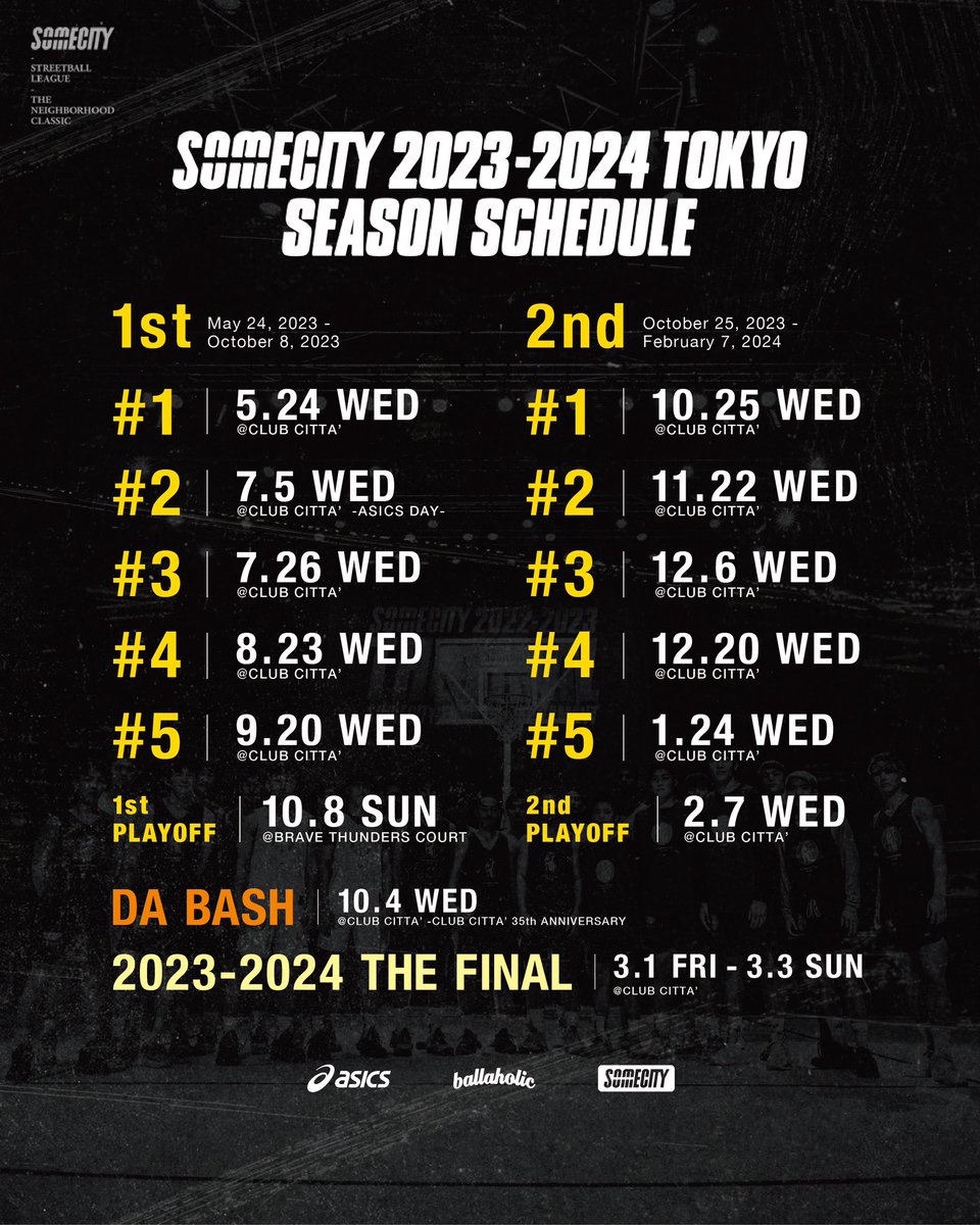 somecity_tokyo's tweet photo. /／
2023-2024シーズンスケジュール🗓️
\＼

2シーズン制
レギュラーチームは12チーム
2リーグ制度導入
など…

盛り沢山の新シーズンがいよいよ来月スタート🔥

詳しくはこちらから👇
https://t.co/B8WWCiYiVl

#somecity #ballaholic #asics https://t.co/V4S27Zjrps