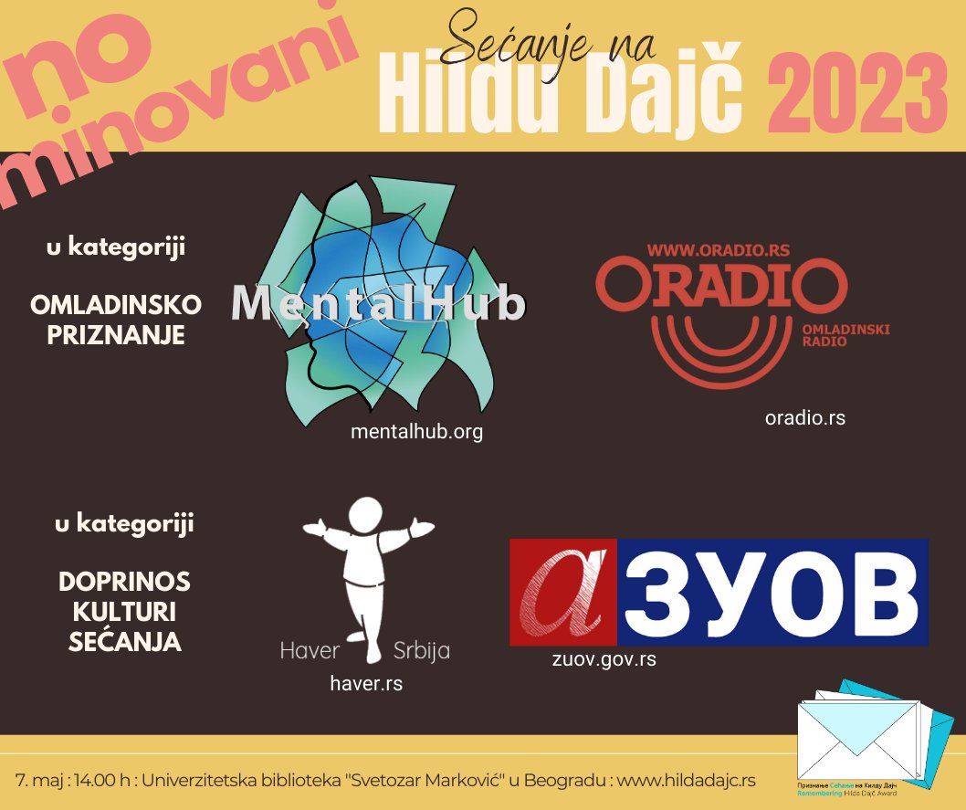 Misko Stanisic (@miskostanisic) on Twitter photo Nominacije za #priznanje #Sećanje na Hildu Dajč 2023 u kategoriji omladinsko priznanje <a href="/mental_hub_ns/">MentalHub</a> <a href="/OradioRtv/">Oradio.rs</a>, i doprinos #kulturasecanja <a href="/zuovrs/">Завод за унапређивање образовања и васпитања</a> #HaverSrbija
Proglašenje dobitnika 7. maja u 14h u Univerzitetskoj biblioteci "Svetozar Marković" #Beograd
#SecanjeNaHilduDajc Nominacije za #priznanje #Sećanje na Hildu Dajč 2023 u kategoriji omladinsko priznanje <a href="/mental_hub_ns/">MentalHub</a> <a href="/OradioRtv/">Oradio.rs</a>, i doprinos #kulturasecanja <a href="/zuovrs/">Завод за унапређивање образовања и васпитања</a> #HaverSrbija
Proglašenje dobitnika 7. maja u 14h u Univerzitetskoj biblioteci "Svetozar Marković" #Beograd
#SecanjeNaHilduDajc