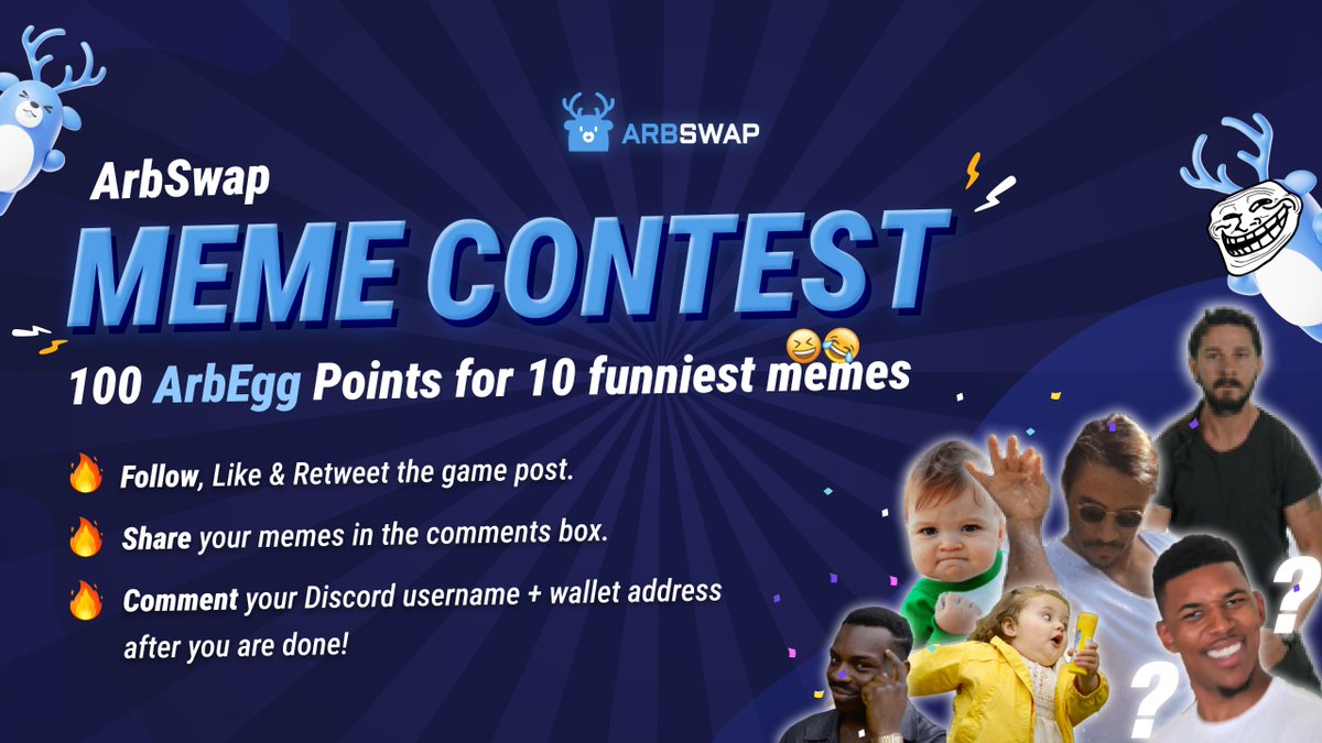 First event to boost your #ArbEgg Points🔥   

MEME CONTEST⚡️   
🗓April 21-24 
🏆100 #ArbEgg Points EACH for the top 10 funniest memes    

✅Follow, Like &amp; RT  
✅Share your meme in the comments  
✅Include your Discord username + wallet address!     

Ready, set, meme! 🎨