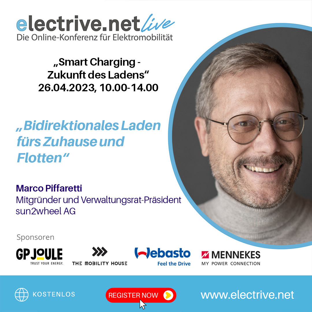 ElectriveNet's tweet photo. Wenn sich am 26.04. bei https://t.co/lwXgHWfbgp LIVE alles ums Thema #SmartCharging dreht, erklärt Marco Piffaretti, Mit-Gründer und Verwaltungsrat-Präsident von #sun2wheel, wie „Bidirektionales Laden fürs Zuhause und Flotten“ funktioniert. https://t.co/0S1D2CV8dx https://t.co/zxQqza05cR