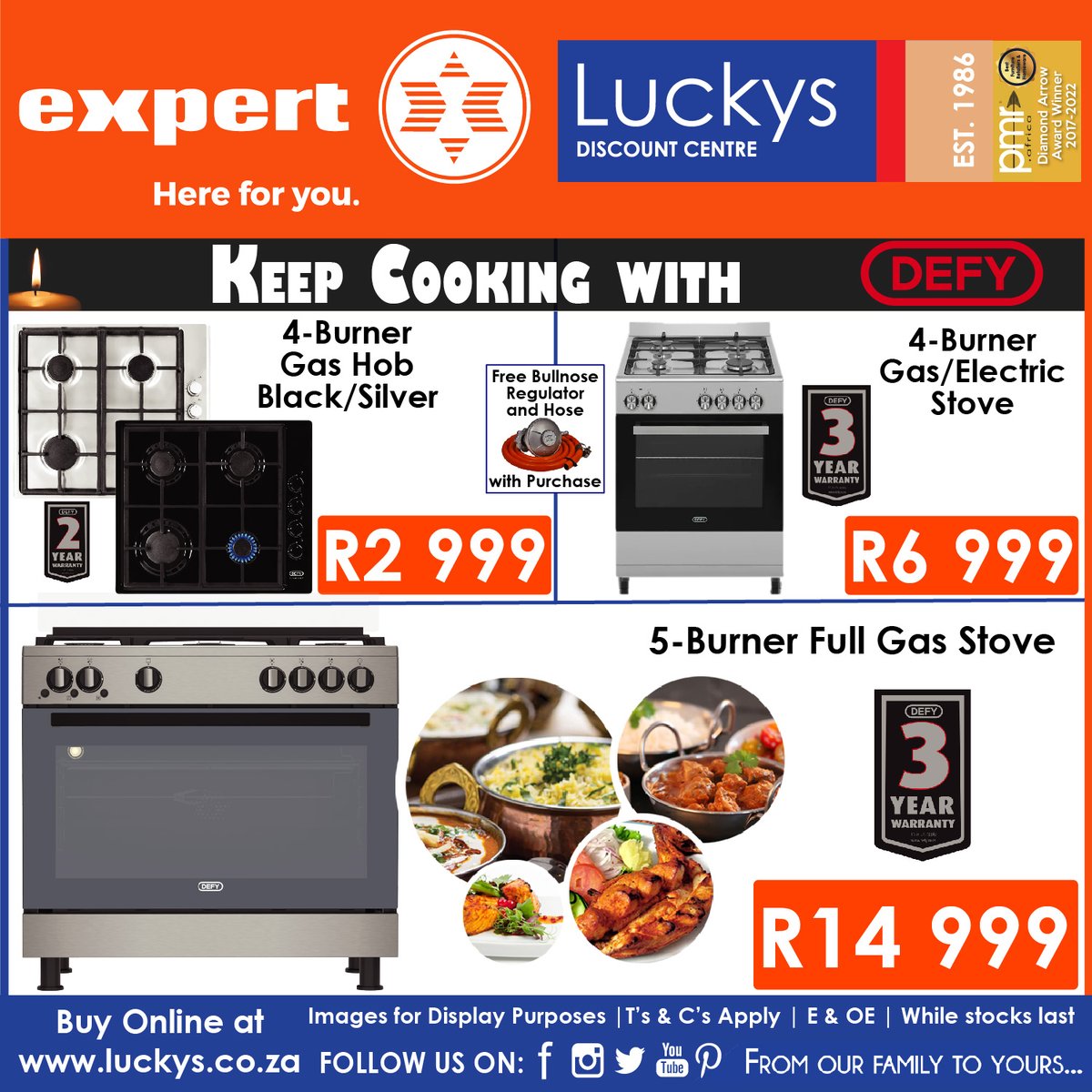 Don't let load-shedding get in the way of your love for cooking. Upgrade to a Defy Gas Hob or Stove and enjoy uninterrupted meals.
Explore our special deals and shop online today!
bit.ly/luckys-featured
T&amp;C's Apply | E&amp;OE | Online &amp; In Store | While Stock Lasts