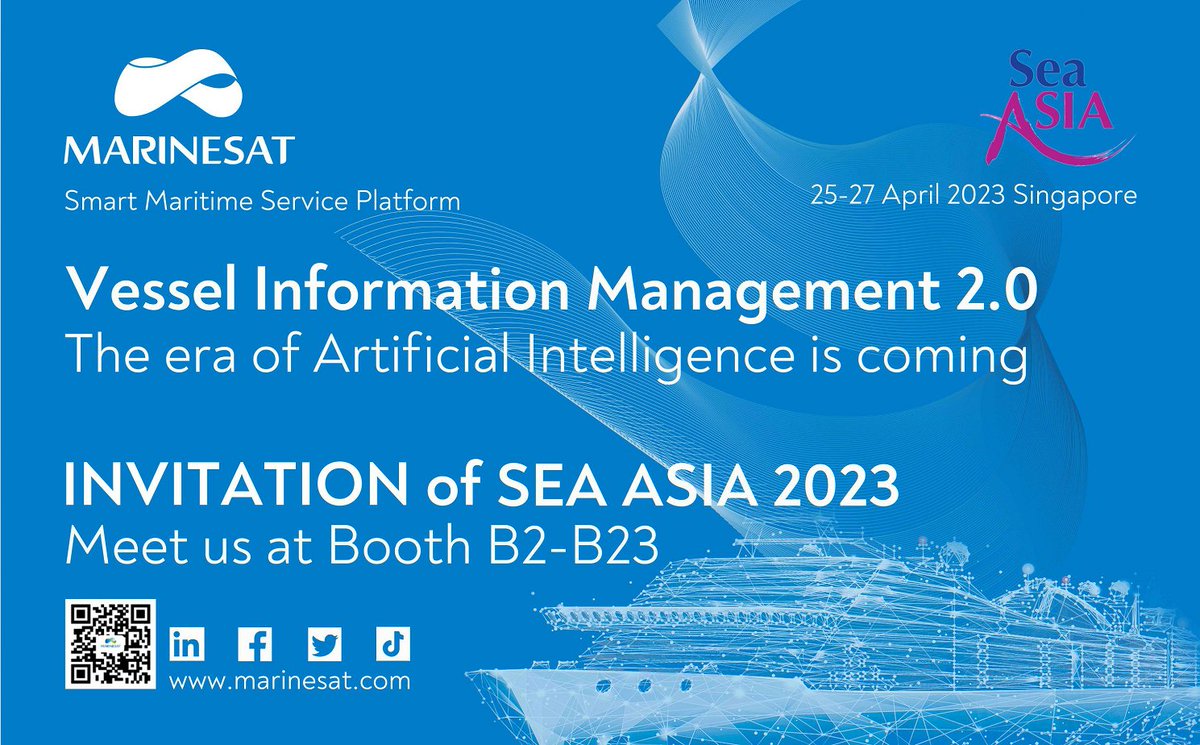marinesat58's tweet photo. Day 4 of Sea Asia2023 countdown! Visit MarineSat at B2-B23 to discover our innovative maritime solutions. Our experts are here with our refreshing insights and products for any question you may have. See you at Sea Asia2023!

#SEAASIA2023 #VSAT #5G4G #IoT #ECDIS  #AI #GMDSS https://t.co/0guw2Xt9zn