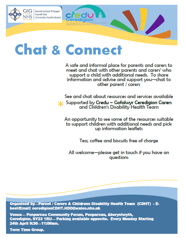 Ceredigion Council (@ceredigioncc) on Twitter photo Chat and connect with like minded parents and carers who support a child with additional needs.
📍 Penparcau Community Forum, Aberystwyth
📆 Every Monday from 24 April, 09:30-11:00 am.
📧 ceredigionCDHT.HDD@wales.nhs.uk Chat and connect with like minded parents and carers who support a child with additional needs.
📍 Penparcau Community Forum, Aberystwyth
📆 Every Monday from 24 April, 09:30-11:00 am.
📧 ceredigionCDHT.HDD@wales.nhs.uk