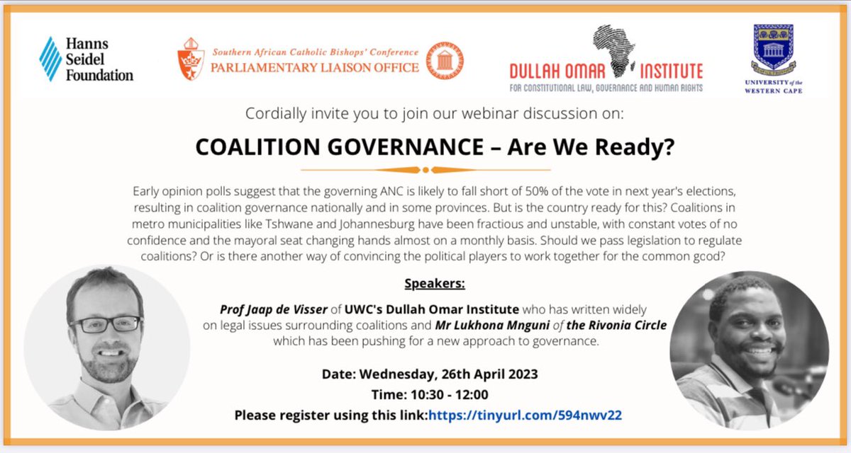 HannsSeidelSA's tweet photo. Coalition Governance – Are We Ready? 

Join us for this discussion to be co-hosted with @CPLO_SA and @UWC_DOI next week 🇿🇦

Great speakers @jdevisser from @UWConline and @LukhonaMnguni from @rivonia_circle

Wed 26 Apr 10.30 - 12.00 

More info &amp; RSVP: 

https://t.co/XkCNczv3YY https://t.co/0LcbtvJ4rl