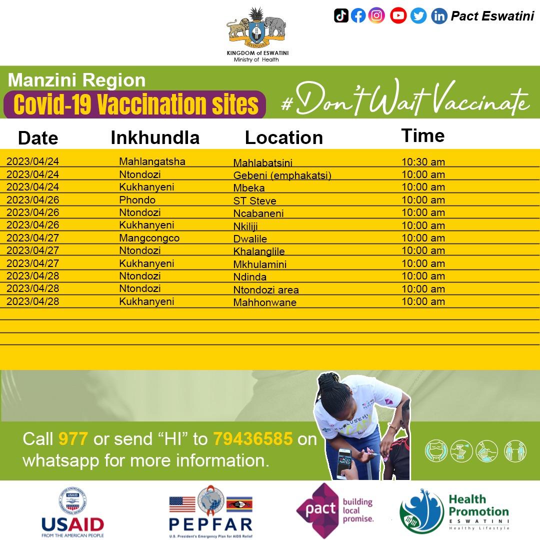 PEswatini's tweet photo. Here is our next week's vaccinating schedules. Get your jab for COVID-19 vaccine @ the sites below. DM us for more  information and stay tuned for more updates📷📷📷📷📷 https://t.co/HOollmxWQn
