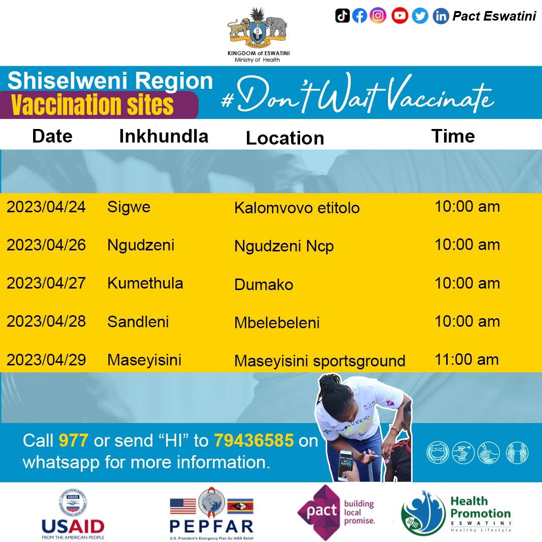 PEswatini's tweet photo. Here is our next week's vaccinating schedules. Get your jab for COVID-19 vaccine @ the sites below. DM us for more  information and stay tuned for more updates📷📷📷📷📷 https://t.co/HOollmxWQn