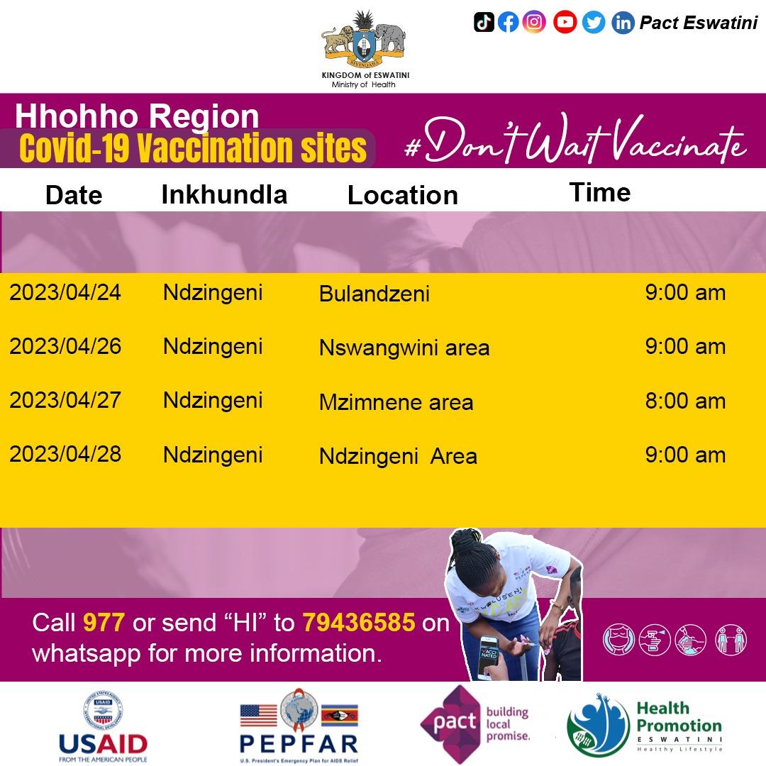 PEswatini's tweet photo. Here is our next week's vaccinating schedules. Get your jab for COVID-19 vaccine @ the sites below. DM us for more  information and stay tuned for more updates📷📷📷📷📷 https://t.co/HOollmxWQn