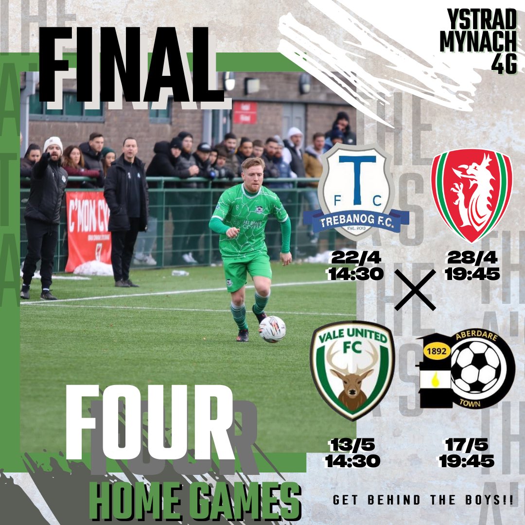6 games remaining, 4 of them being at home, starting this Saturday against <a href="/TrebanogFC/">Trebanog FC</a> , join us for a 2:30pm kick off at <a href="/CSEYstradMynach/">CSE Ystrad Mynach</a> of Excellence.

#TheAs 💚
