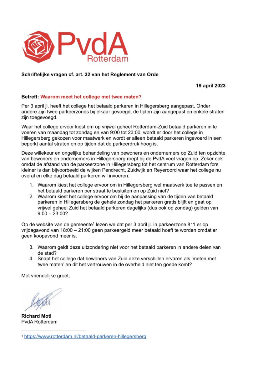 Niet alleen bij het schrappen van diverse Tramlijnen wordt door de coalitie van Leefbaar Rotterdam, VVD, D66 en DENK met twee maten gemeten. 

Ook bij de uitbreiding van het betaald parkeren wordt Hillegersberg ontzien en zijn bewoners van Zuid extra de dupe.

#MetenMetTweeMaten