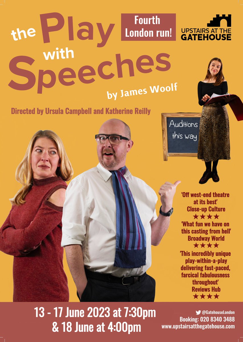 We're super-stoked to announce the 4th London run of The Play with Speeches at the fabulous <a href="/GatehouseLondon/">Upstairs At The Gatehouse</a>! Playing 13-18 June. 
★★★★ “Hilarious” @SardinesMag
★★★★ “Farcical fabulousness” <a href="/TheReviewsHub/">The Reviews Hub</a>
★★★★ “Gloriously funny" <a href="/FairyPowered/">FairyPoweredPro</a>
upstairsatthegatehouse.ticketsolve.com/ticketbooth/sh…