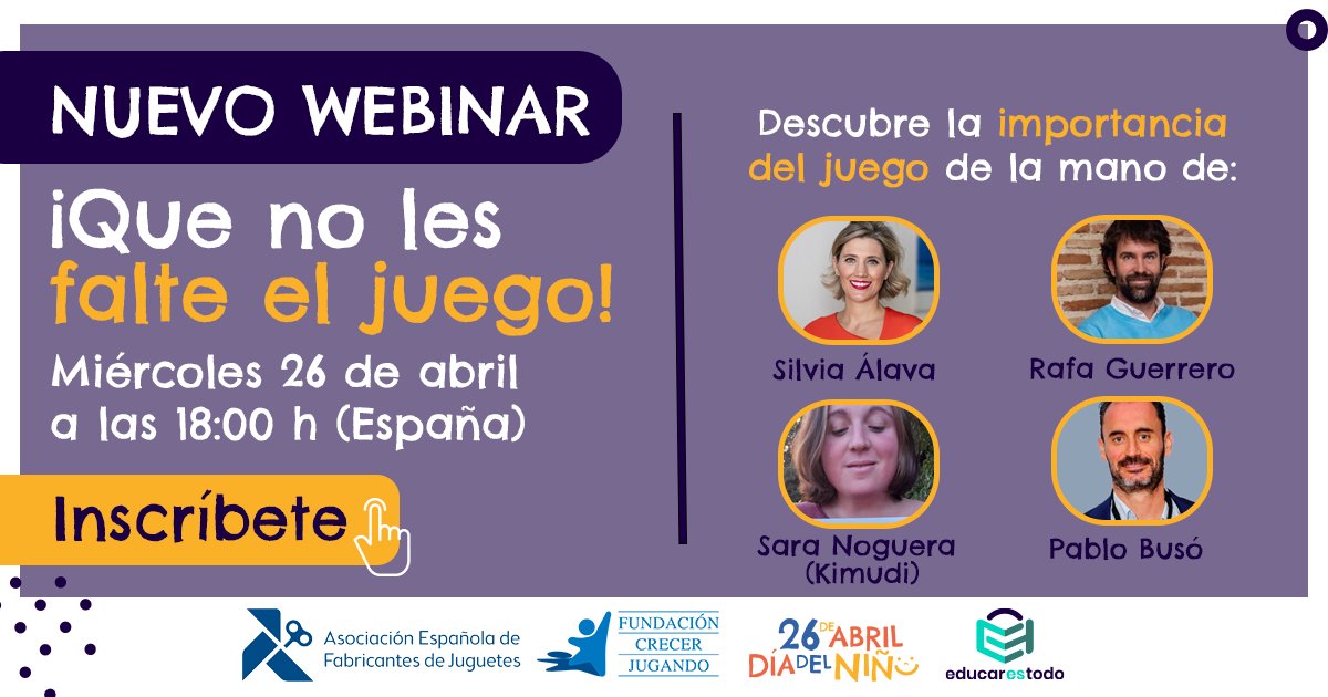 educar_es_todo's tweet photo. Este 26 de abril celebramos el Día del #Niño rodeados de nuestros expertos en #juego!
Puedes inscribirte gratis en este link
https://t.co/rL60NKyF47
#diadelniño #padres #familia #comunidad #educar #educarestdo #educacion #aefj #crecerjugando #quenolesfalteeljuego https://t.co/3fr1HUgRQ2