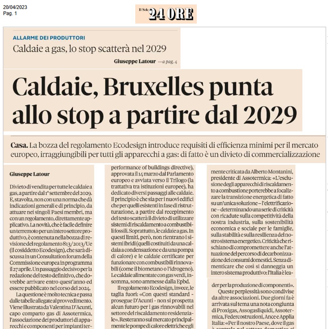 Su Il Sole 24 ore un interessante articolo sullo stop alle #caldaie dal 2029 con il commento di Valentina D'Acunti, capo comparto gas di #Assotermica.
