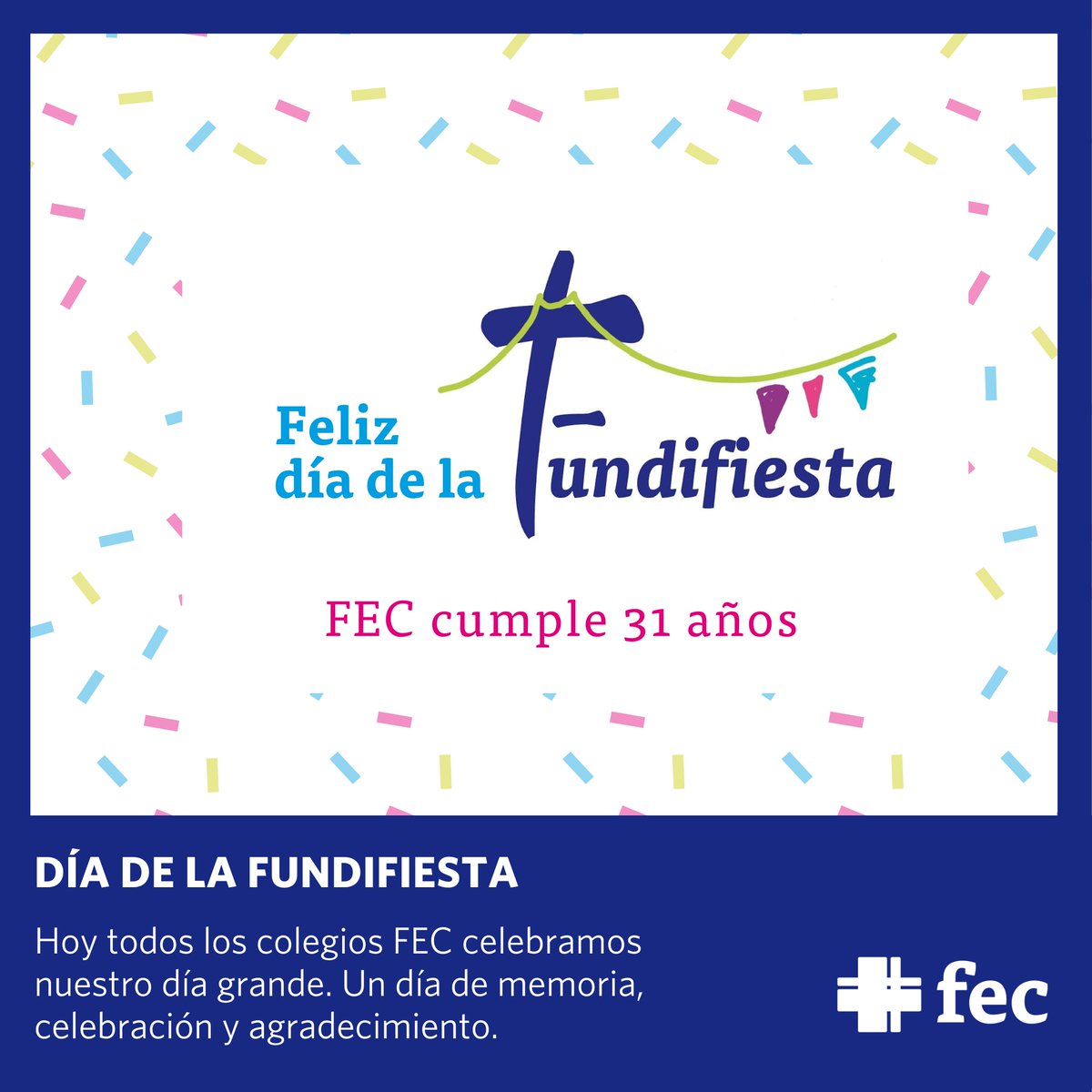 colegiosfec's tweet photo. Hoy celebramos nuestro día grande: ¡es la FUNDIFIESTA! Y todos los #colegiosFEC dedicaremos la jornada a conmemorar que, gracias a educadores, personal de Servicios Centrales, directivos, alumnado, familias y a tantas personas e instituciones amigas, somos FAMILIA.
#SomosFEC https://t.co/AZWJzyCaHL