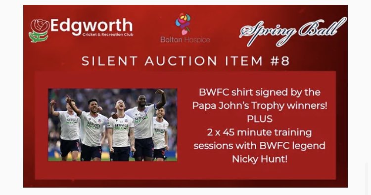 Our next Auction prize is one that we know a lot of our followers will love!

Signed <a href="/OfficialBWFC/">Bolton Wanderers</a> Home shirt + 2 training sessions from Bolton Legend Nicky Hunt! 

Bid:

edgworthcc.co.uk/silent-auction