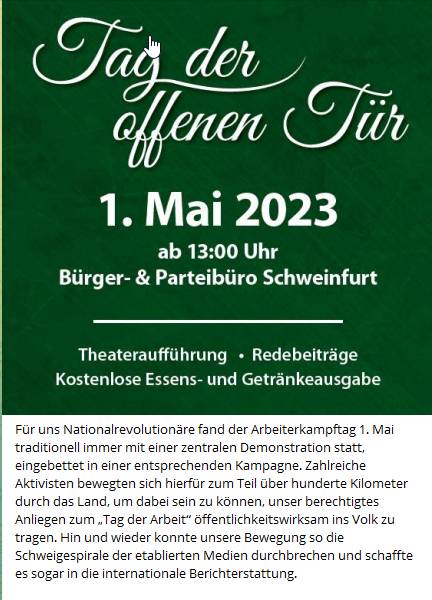 Infoticker_PA's tweet photo. Scheint, als würde es im Lager der nationalen Aktivisten rundum den revolutionären 1. Mai schwächeln. Die rechtsextreme #AfD Niederbayern lädt zur Feier ins Schwimmbadrestaurant in #EgingamSee & die Neonazis von #DerIIIWeg zur Theateraufführung nach #Schweinfurt https://t.co/suNaEPPdW5