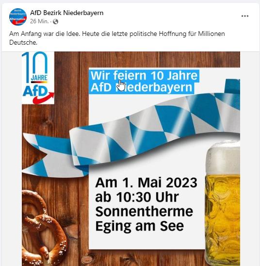 Infoticker_PA's tweet photo. Scheint, als würde es im Lager der nationalen Aktivisten rundum den revolutionären 1. Mai schwächeln. Die rechtsextreme #AfD Niederbayern lädt zur Feier ins Schwimmbadrestaurant in #EgingamSee & die Neonazis von #DerIIIWeg zur Theateraufführung nach #Schweinfurt https://t.co/suNaEPPdW5