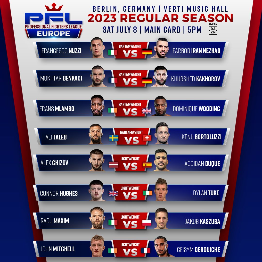 daznmma's tweet photo. 𝗕𝗘𝗥𝗟𝗜𝗡 𝗜𝗦 𝗟𝗢𝗢𝗞𝗜𝗡𝗚 🔥

Bantamweights and lightweights take centre stage for the conclusion of the @PFLEurope regular season, July 8 live on DAZN 🇩🇪 https://t.co/x6l3xFlOdq