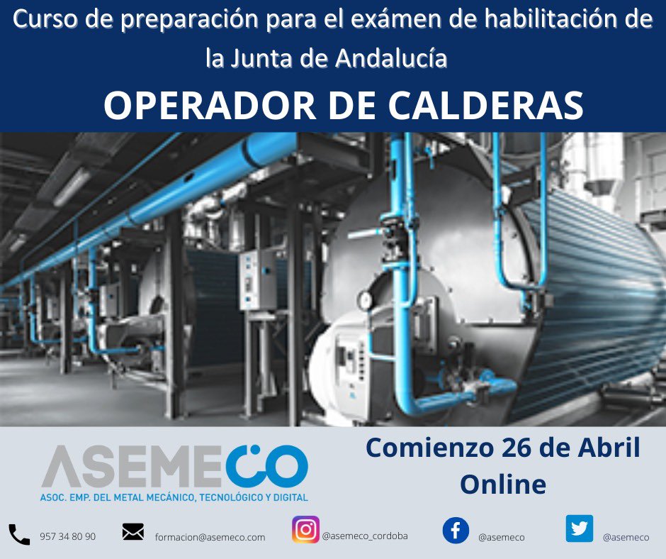 Asemeco1's tweet photo. 📌Formación Abril
✏️Curso de preparación para el examen de habilitación de la Junta de Andalucía ✏️
🟢Período de matriculación abierto
¡Plazas limitadas!
#formación #operadordecalderas #asemeco #formacionprofesional #presencial #calderasindustriales # #examen https://t.co/zHqgtrhxjc