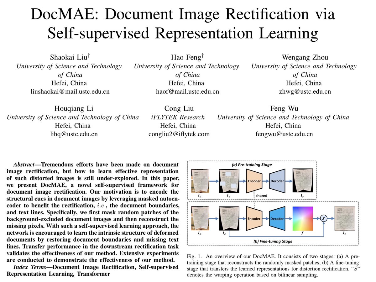 naiveoculus's tweet photo. 📄 Liu et al. (2023) DocMAE: Document Image Rectification via Self-supervised Representation Learning (arX⠶2304.10341v1 [cs⠶CV]) https://t.co/aM67jDqktT
💼 iFlytek https://t.co/iJYD9O5ysD