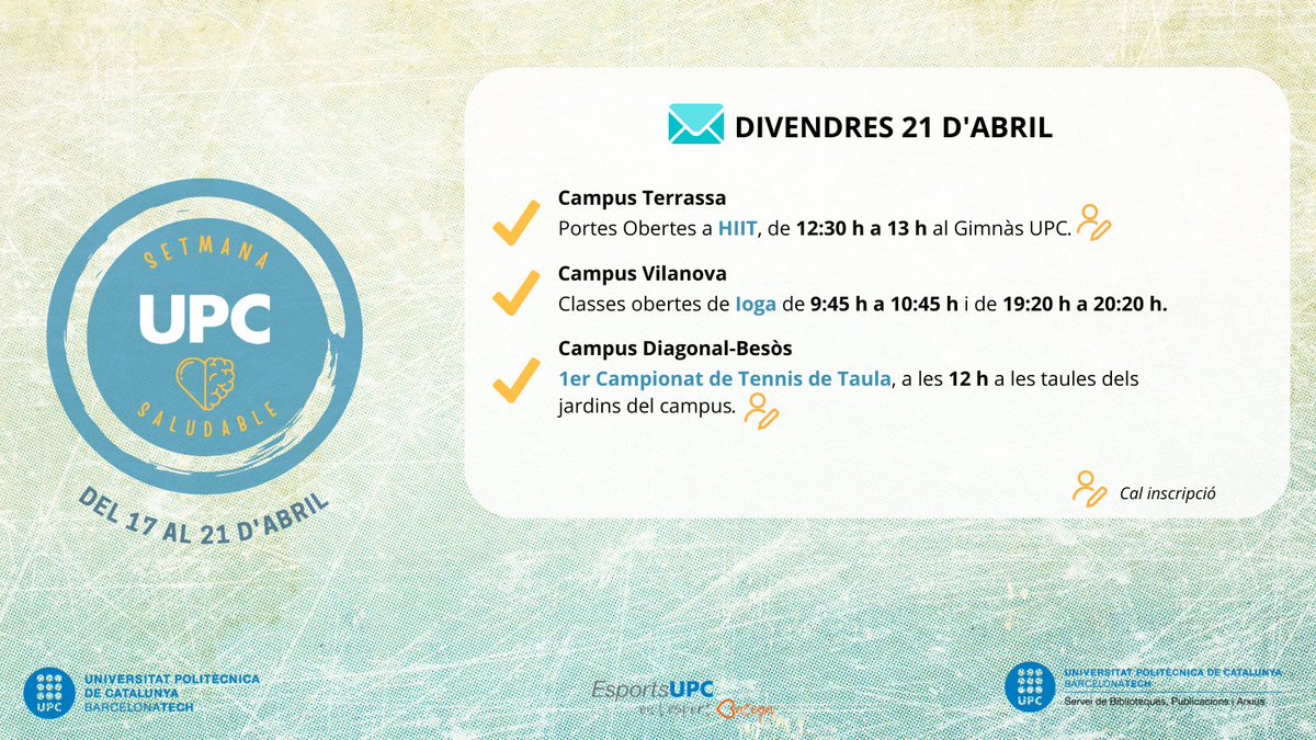 EsportsUPC's tweet photo. #SetmanaSaludableUPC | Avui acabem la setmana ➕saludable a @la_upc! 💚
📋Consulta el programa: https://t.co/r2Uvs7ahRB
#PosatenMarxa i no deixis de gaudir!🤸♀️
#EsportsUPC #upc @GentActiva @UPCAlumni @eseiaat_upc @UPCVilanova @EEBE_UPC #movemlaupc #movemelcampus #gaudeixlavida https://t.co/pp1Apb1gBl