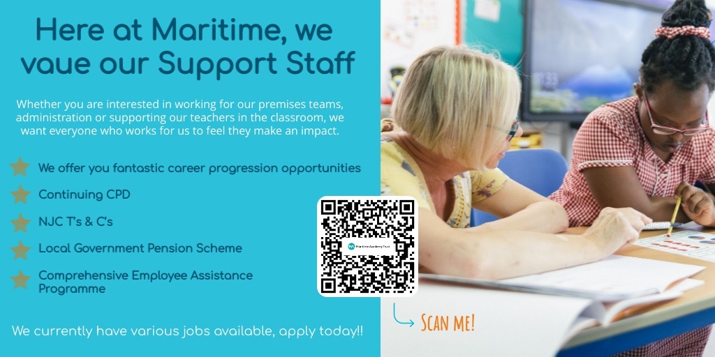 We are currently advertising various support staff opportunities across our schools. Scan the code to find out more.