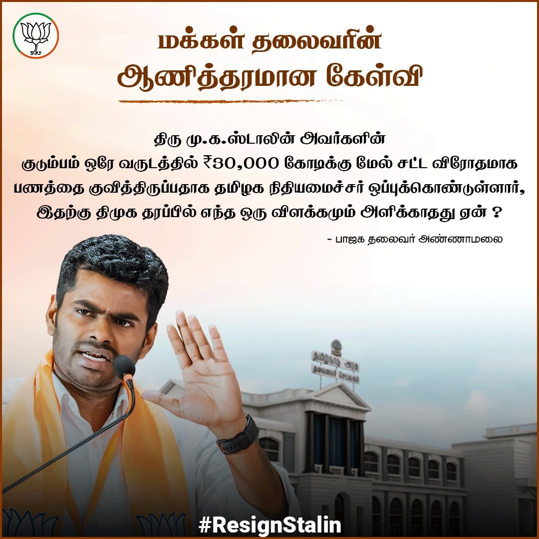 MrNithin001's tweet photo. மக்கள் தலைவரின் ஆணித்தரமான கேள்வி

மு.க.ஸ்டாலின் குடும்பம் ஒரே வருடத்தில் 30,000 கோடிக்கு மேல் சட்ட விரோதமாக பணத்தை குவித்திருப்பதாக தமிழக நிதியமைச்சர் ஒப்புக்கொண்டுள்ளார்

இதற்கு திமுக தரப்பில் எந்த ஒரு விளக்கமும் அளிக்காதது ஏன்?

- மாநில தலைவர் திரு.@annamalai_k 

#ResignStalin https://t.co/2quErvQOvR