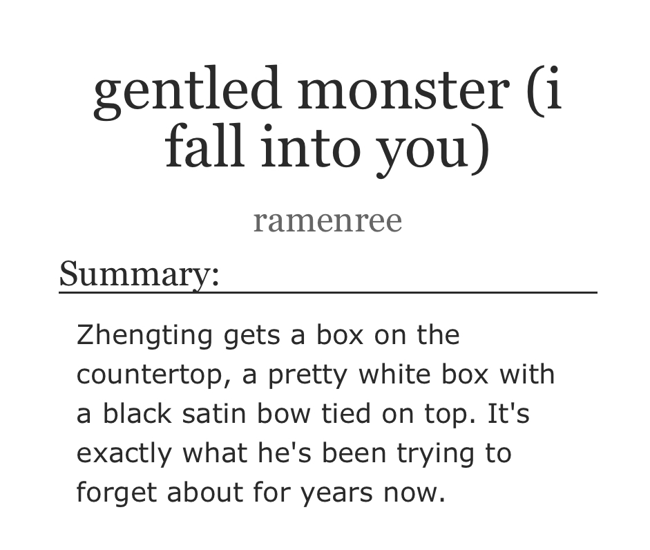 ramenreee's tweet photo. gentled monster (i fall into you) 

◦  cai xukun x zhu zhengting
◦  zhengkun, kunting, 坤廷 
◦  canon compliant, angst, fluff, pining 
◦  4.5k words 

https://t.co/8hypi8VpW0 https://t.co/4ZKXII3tEC