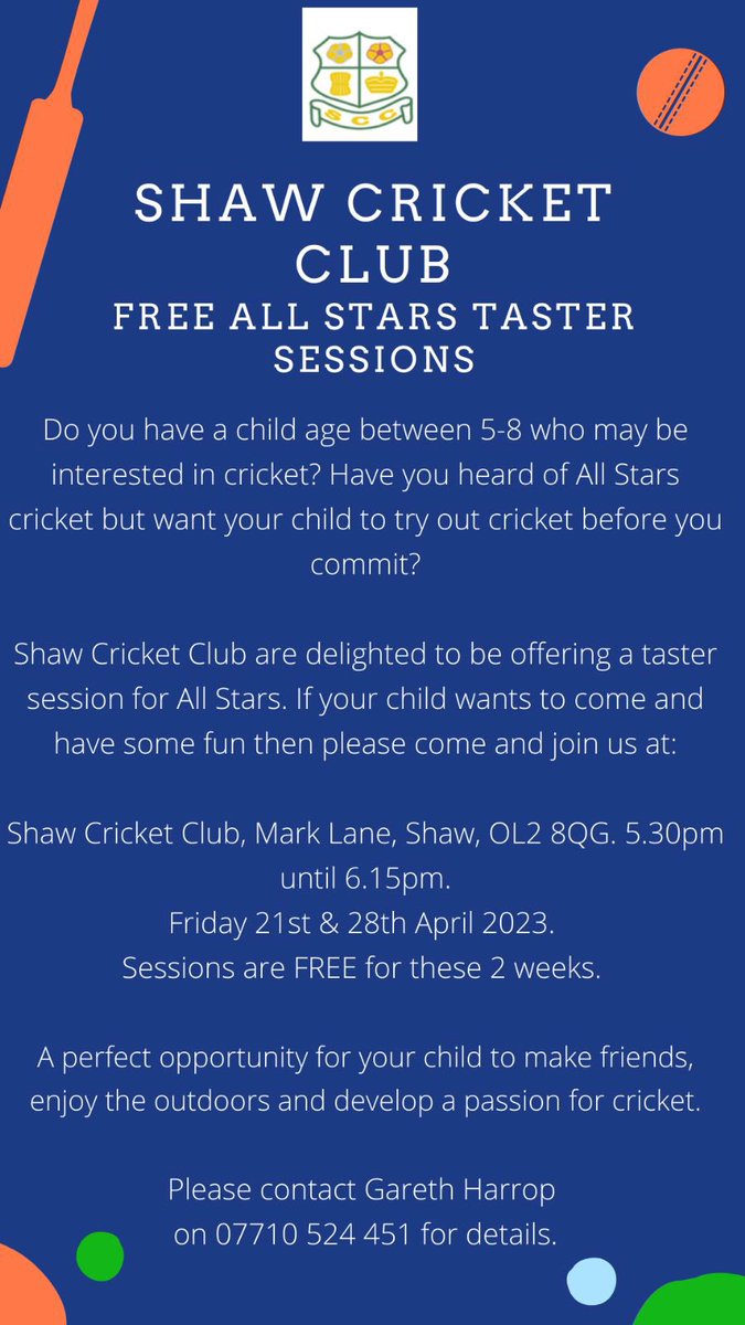 ShawCricketClub's tweet image. 🌟 ALL STARS 🌟 Come and join us! Free sessions for 2 weeks if your child is 5-8 years old 🏏 #cricket #juniorcricket #newsport #beginnerswelcome #allstars #shaw #oldhamhour #oldham #crickettaster