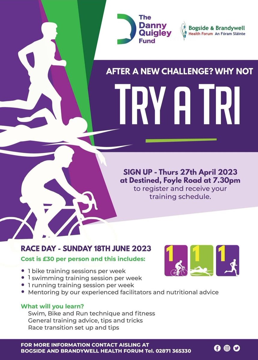 BBHealthForum's tweet photo. It's back! 🏊🚲🏃
Come to our information evening on 27 April, 7.30pm at Destined, Foyle Road. Set yourself a goal and get fit at the same time. It's great for the body and mind! 💪🧠
We will provide 4 training sessions per week! 🏊🚲🏃
#DQF #10in10 #TryATri @tridanquigley https://t.co/JOD2jEXd8T