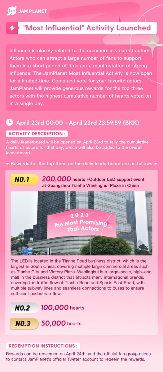 JAM__PLANET's tweet image. 📌"Most Influential" Activity Launched
📅Activity Time: April 23rd 00:00 - April 23rd 23:59:59 (BKK)
✨Come and vote for your favorite actors.
🔗jamplanet.net
#JamPlanet