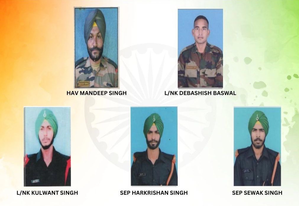 ianuragthakur's tweet photo. Heartfelt tribute to L/NK Kulwant Singh &amp; Debashish Baswal, Hav Mandeep Singh, Sep Sewak Singh &amp; Harkrishan Singh for their supreme sacrifice in fight against terrorism to protect India. https://t.co/k8CyNKUWRS