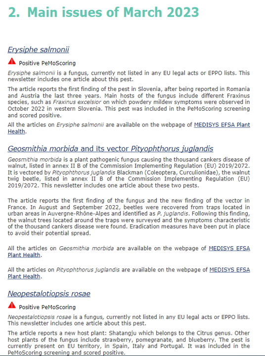 Plants_EFSA's tweet photo. The #PlantHealth Newsletter on #HorizonScanning for March 2023 is #AvailableNow! With the results of scientific and media sources retrieved by the #Medisys platform for 1-28 February.
🦋🌹🦠🌲🍋

at https://t.co/57f8NGXvVP
#Erysiphe #RRV #Scirtothrips
#Xanthomonas #hydrangeae https://t.co/8RH3kEYYRH