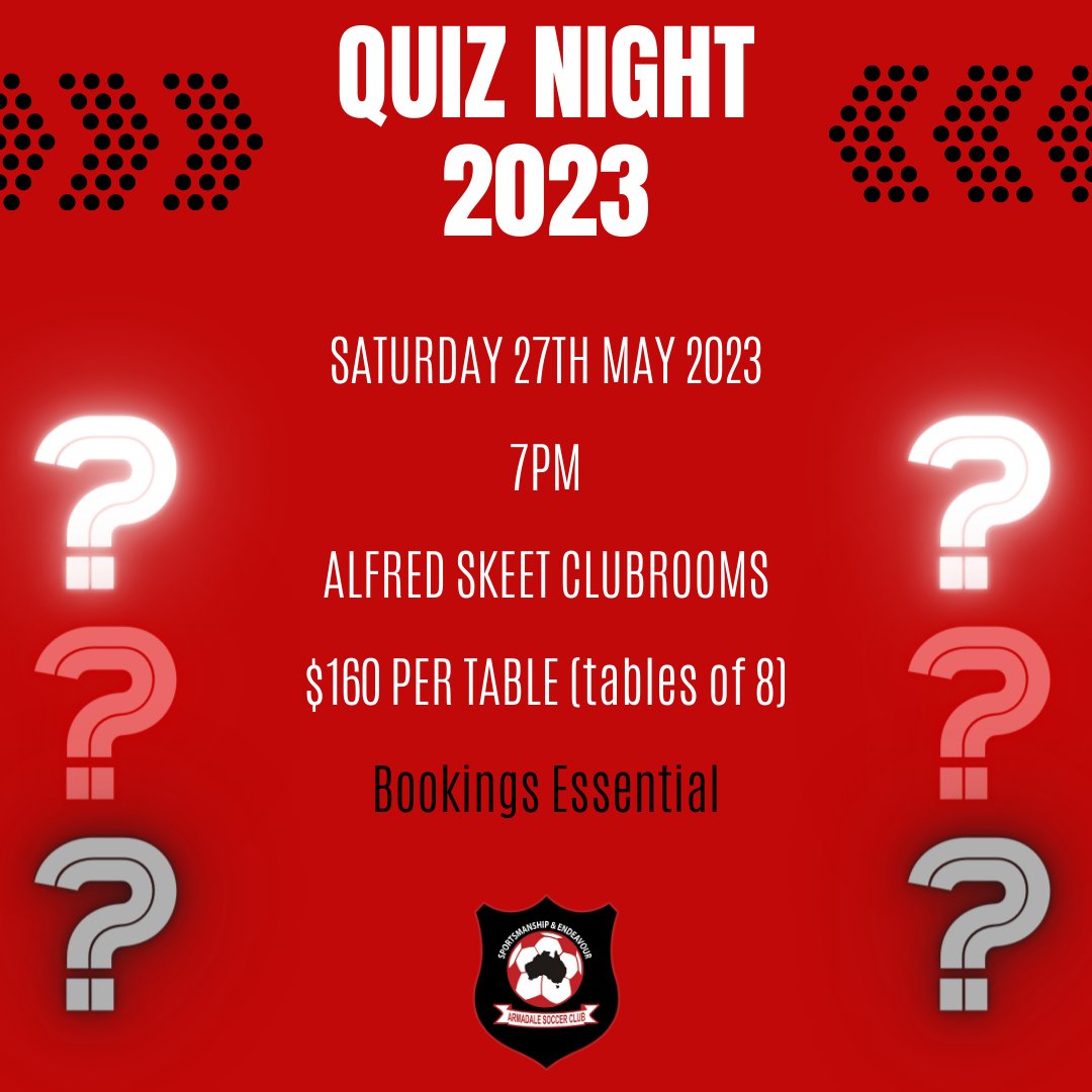 Come join us for our annual quiz night at Armadale Soccer Club which is always guaranteed to be a good night - not your standard boring one!
Tables are $160 - 8 seats per table.
Drinks from the bar and BYO snacks.
Book NOW - trybooking.com/CHEQU