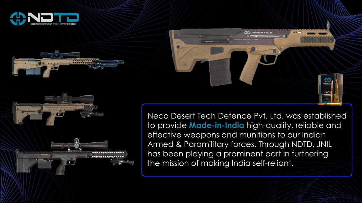 JNILindia's tweet photo. With the aim to become a global leader in the manufacturing of Made in India "small arms", Neco Desert Tech Defence Pvt Ltd delivers comprehensive solutions to our armed forces. The small arms are designed and produced using world-class technology.
 #NDTD #SmallArms #SniperRifle https://t.co/Og0flbsUZr
