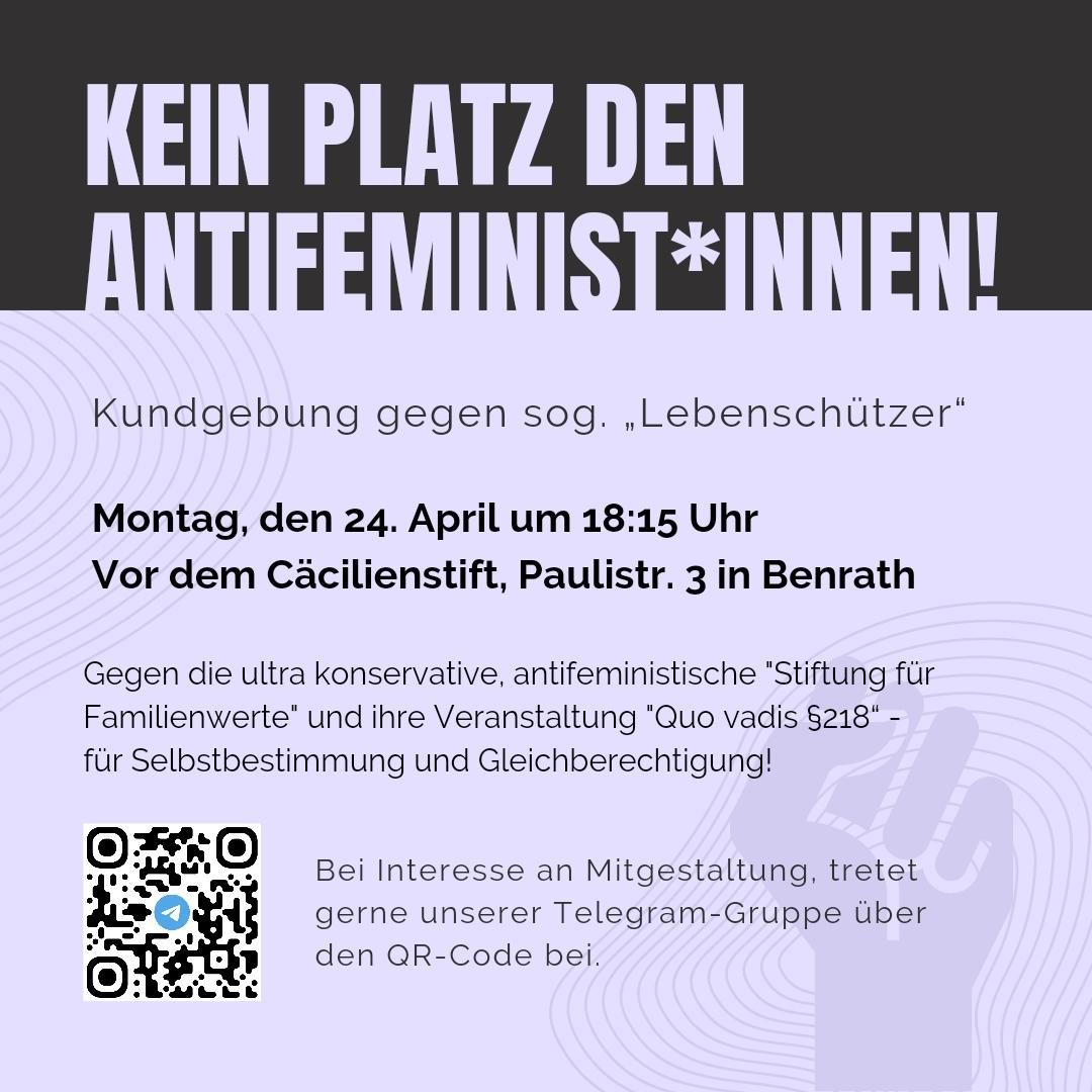 taltalim_tali's tweet image. Montag, 24.04.2023, 18:15 #dus2404

"Kein Platz den Antifeminist*innen!"
Kommt alle zum Protest gegen die §218-Veranstaltung der ultra-konservativen, katholischen, antifeministischen und LGBTIQA-feindlichen "Stiftung für Familienwerte" in #Düsseldorf-#Benrath!
