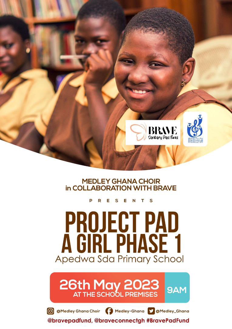 BravePadFund's tweet photo. 🌟Brave is thrilled to collaborate with @medley_ghana for our Brave Sanitary Pad Support Fund Initiative @BravePadFund, by adopting Apedwa SDA Primary School in the Eastern Region within our program and providing 50 girls with free sanitary pads for a year! 🎶 https://t.co/MCUvwGL8AD