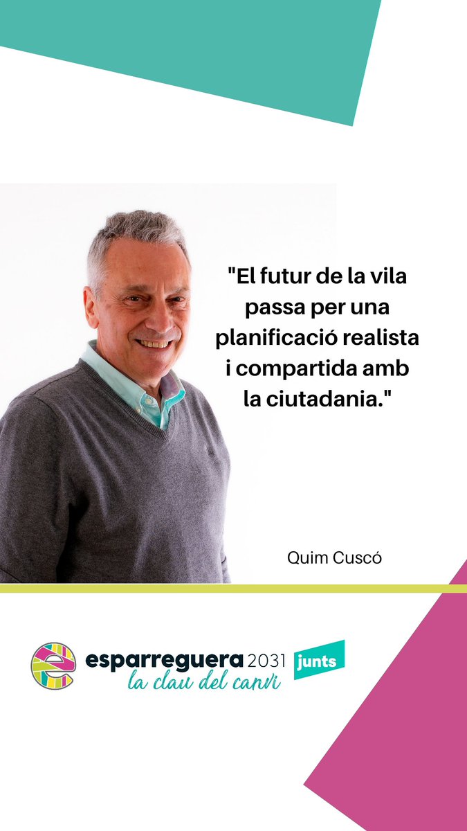 El Quim és emprenedor i amb experiència en expedients urbanístics a Esparreguera. La seva mirada orientada a la sostenibilitat en l'espai edificat és un gran actiu per al l'equip i serà clau per a la culminació de la planificació urbanística.

Num. 12 de la llista d'E2031/junts.