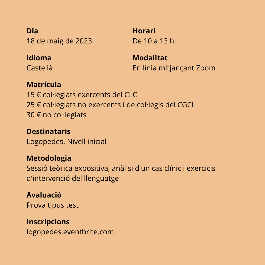 📢Líneas actuales de intervención del lenguaje en geriatría
📆dijous 18 de maig en modalitat en línia
T'actualitzaràs per avaluar i intervenir el llenguatge en l'envelliment normal i en la demència i podràs donar una resposta més efectiva en els diferents contextos professionals.