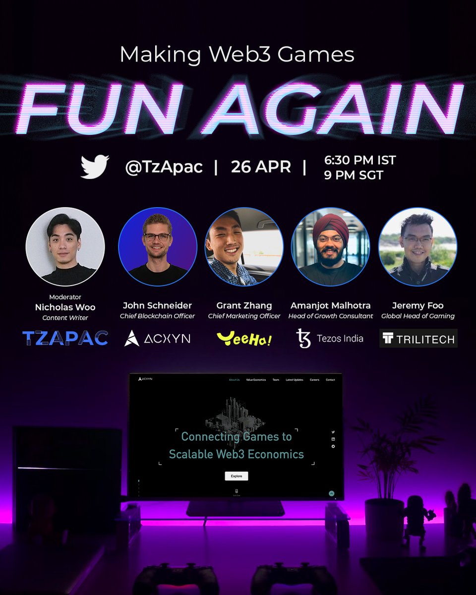 TzApac's tweet photo. Join our powerhouse lineup from @acxynteam, @YeehaGames, @IndiaTezos, and @trillitech, as we discuss empowering game creators in the APAC region and the future of Web3 gaming.

Live on @tzapac Twitter Spaces on 26 April, 9pm GMT+8 / 6.30pm IST. https://t.co/i0JtpVwAli