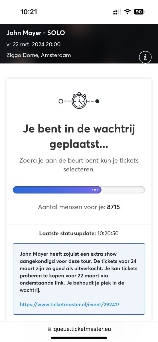 laurakoedijk's tweet photo. @Ticketmaster_NL @JohnMayer @ZiggoDome Volgens mij is 21 maart uitverkocht niet 24 maart. En ik sta al in de rij voor 22 mrt Ticketmaster. Verwarrend bericht dus. https://t.co/b37aVCHqPu